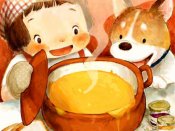 吃货小女孩和小狗看着锅里的热汤流口水手机壁