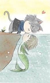 有趣的卡通猫和鱼在水边亲吻480×800手机壁纸图片