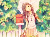 打着小伞站在邮箱旁的欢乐小女生640×480手机壁纸