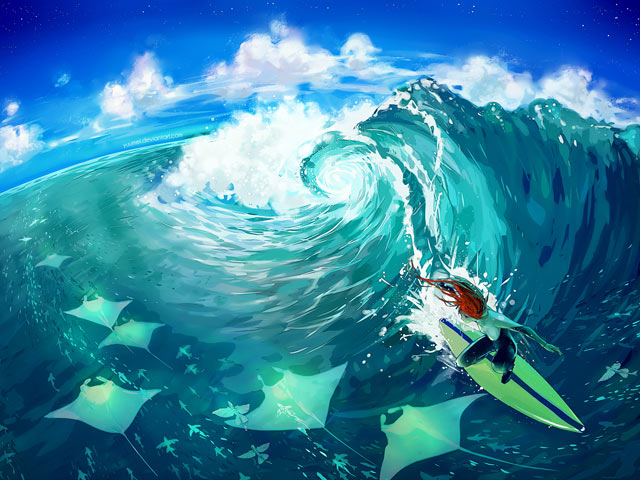 冲浪的女孩和电鳐鱼640×480手机壁纸图片