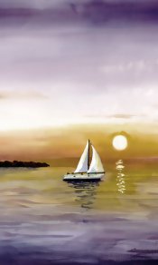 明月下微波粼粼水面的帆船印象派绘画手机壁纸