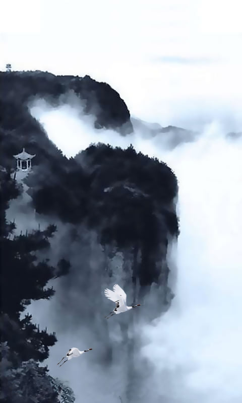 两只白鹤飞翔在雾气笼罩的山间的中国画手机壁纸