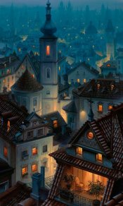 入夜时亮起万家灯火的欧洲城市夜景绘画手机壁