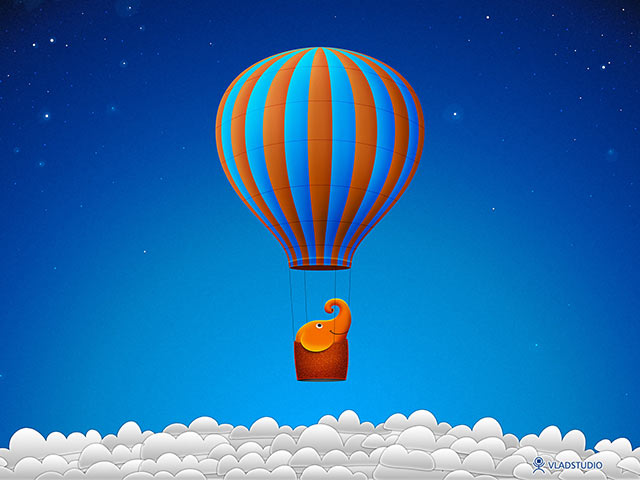 大象乘坐热气球飞翔在蓝天白云上的手机壁纸图片