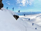 高难度极限滑雪运动员从雪山上跃下的手机壁纸图片