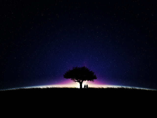 梦幻星空下的大树和情侣高清手机壁纸图片