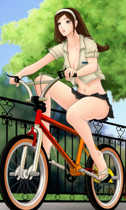 短裙大白腿性感露脐美女清凉自行车单人骑行手机壁纸图片