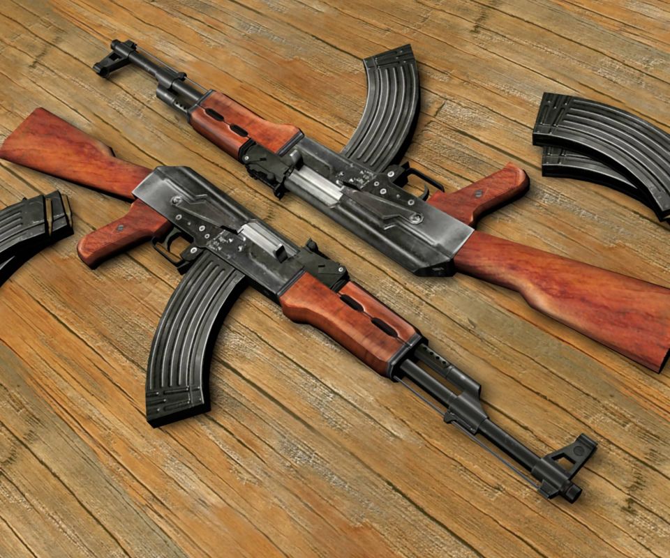 木地板上的两把AK47和弹匣，1080p手机壁纸图片
