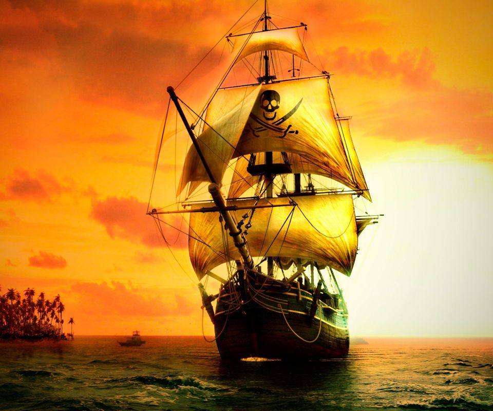 落日余晖下，海边停靠的白帆海盗船1080手机壁纸图片下载