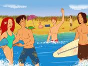 年青男女们在海边沙滩度假休闲嬉戏手机壁纸1080图片