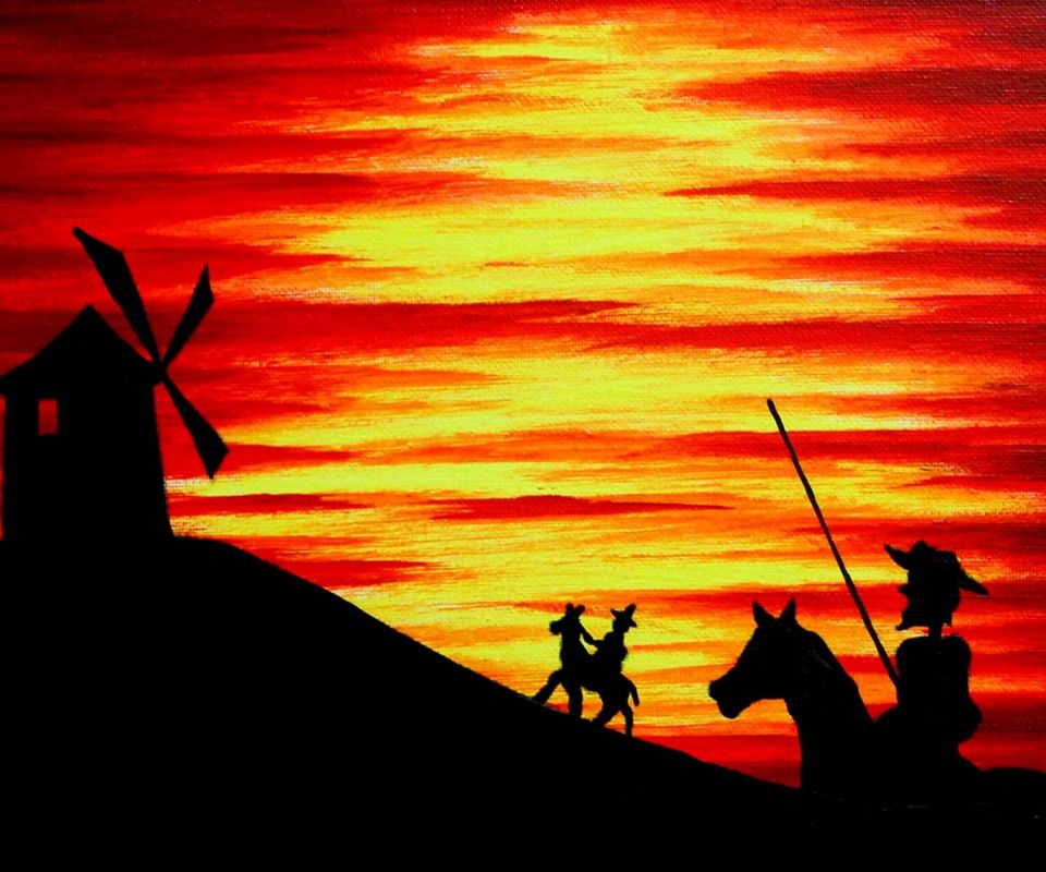 夕阳下的风车和斗士唐吉诃德手机壁纸绘画图片下载