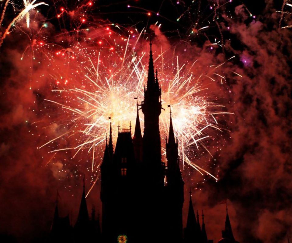 黑夜里的迪士尼城堡和绚丽的烟火高清手机壁纸图片