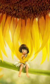 巨大向日葵和小女孩温馨手机壁纸图片