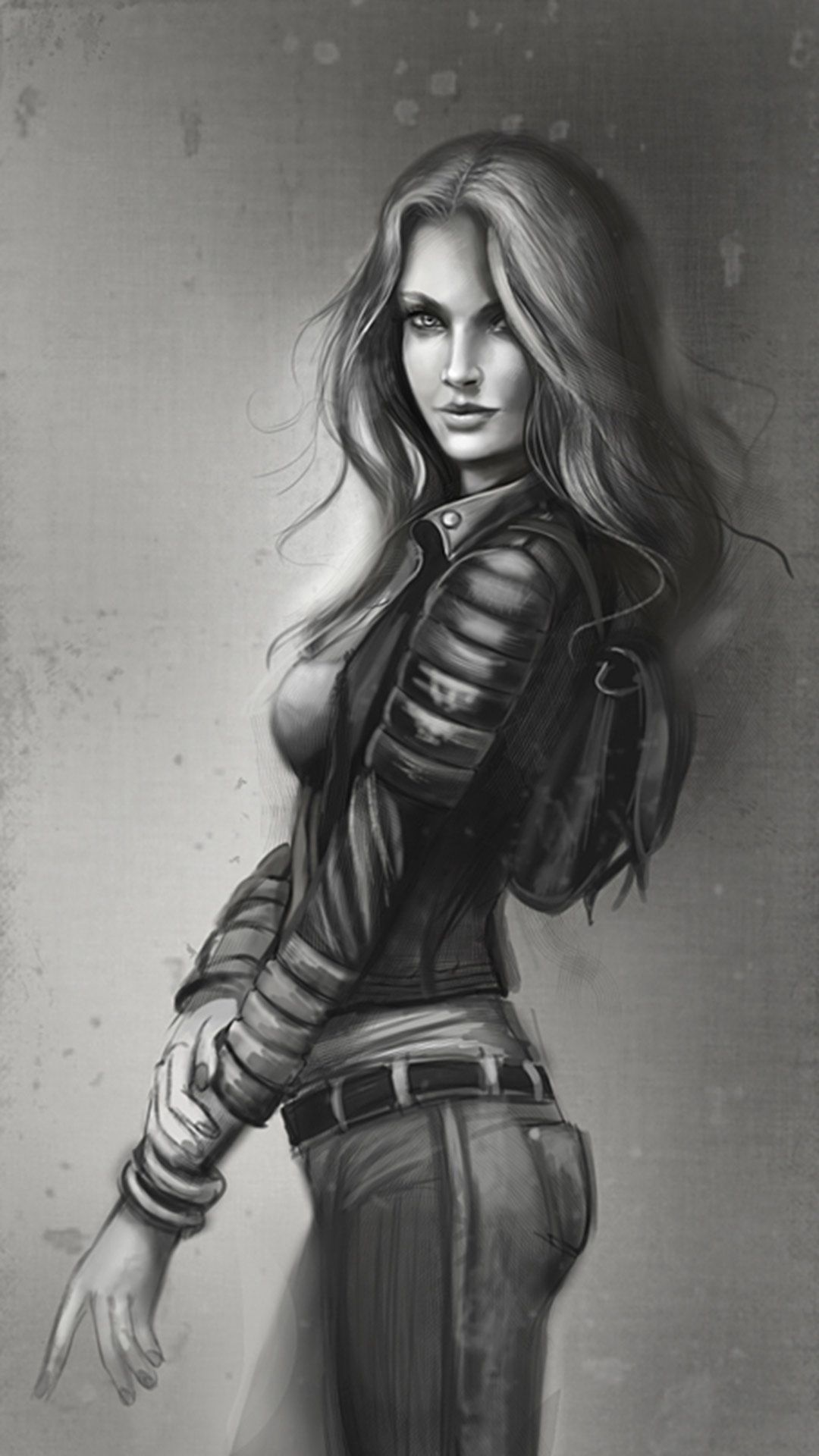 好身材长发女子素描全身像手机壁纸图片