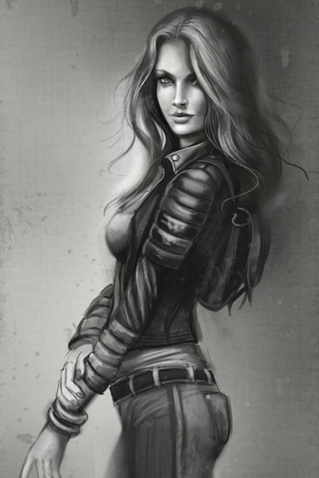 好身材长发女子素描全身像手机壁纸图片