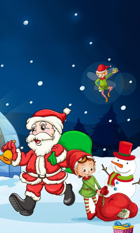 冬天的雪夜里，圣诞老人准备好礼物要出发的手机壁纸背景