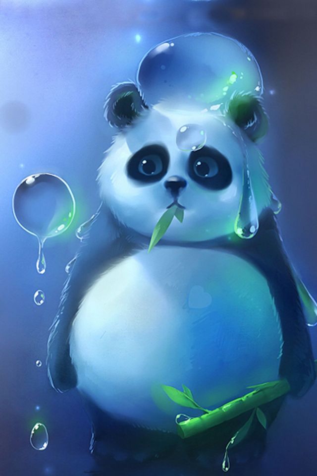 嘴里吃着竹叶，手里拿着竹子的可爱熊猫手机图片壁纸