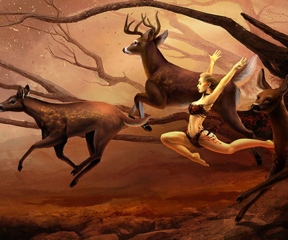 艺术绘画，比基尼美女和奔跑的鹿群手机壁纸背景