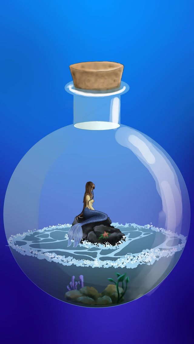 瓶中人，玻璃瓶中坐在礁石上的美人鱼手机壁纸