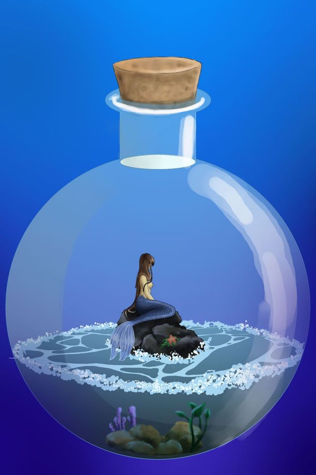 瓶中人，玻璃瓶中坐在礁石上的美人鱼手机壁纸
