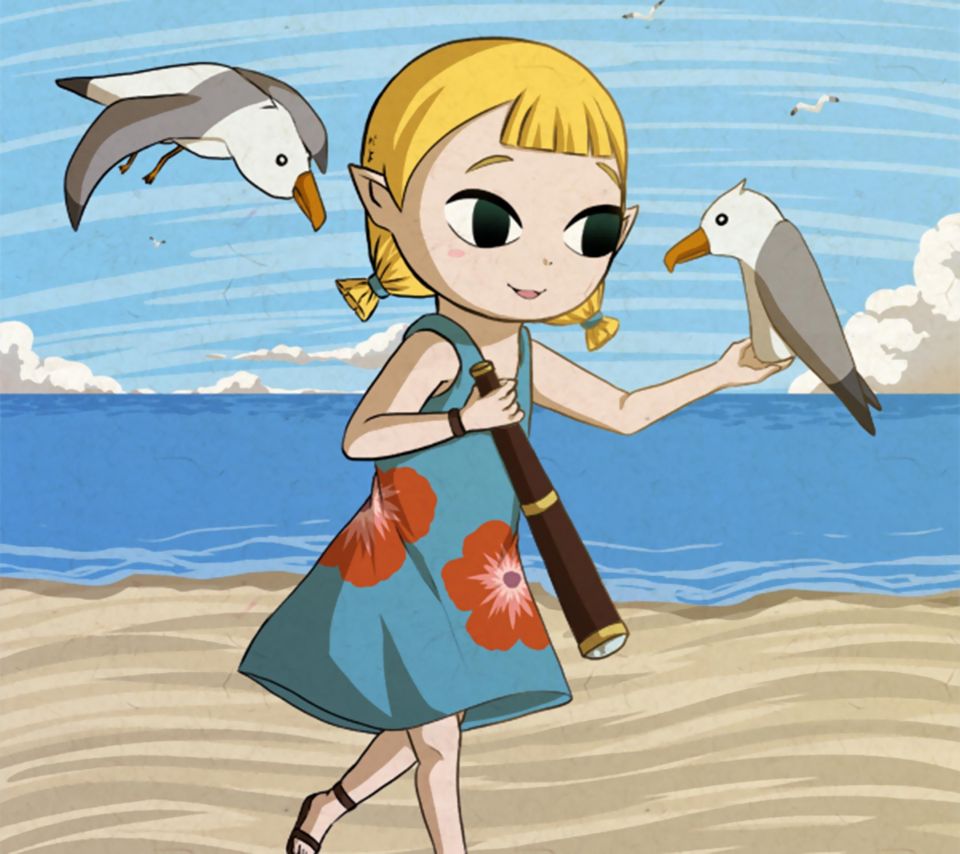 大眼睛的小女孩海边和海鸥玩的童趣插画手机壁纸图片