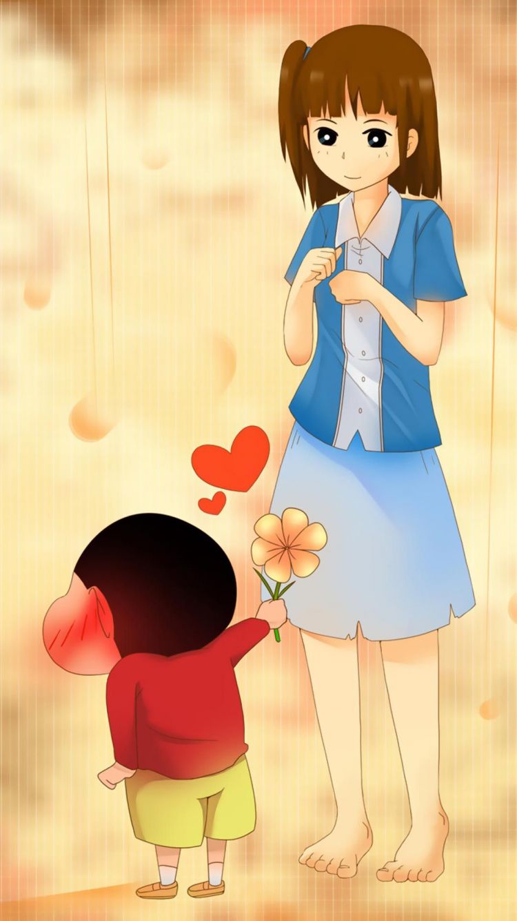 脸红了，蜡笔小新给大姐姐送花表白手机壁纸