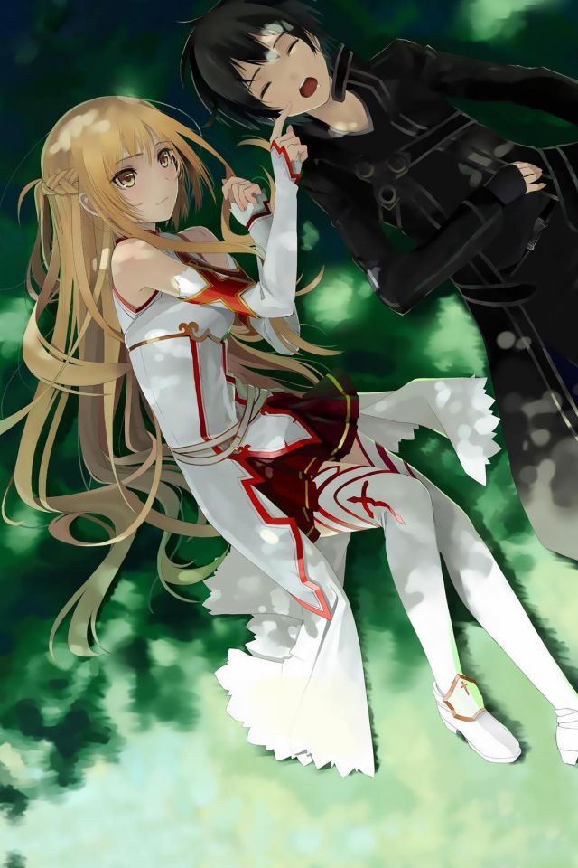 刀剑神域桐人和亚丝娜躺在草地上温馨手机壁纸