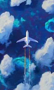 平静白云上飞过的客机，蓝白色纯净绘画手机壁纸图片