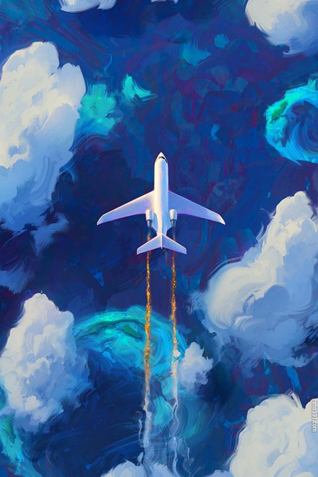 平静白云上飞过的客机，蓝白色纯净绘画手机壁纸图片