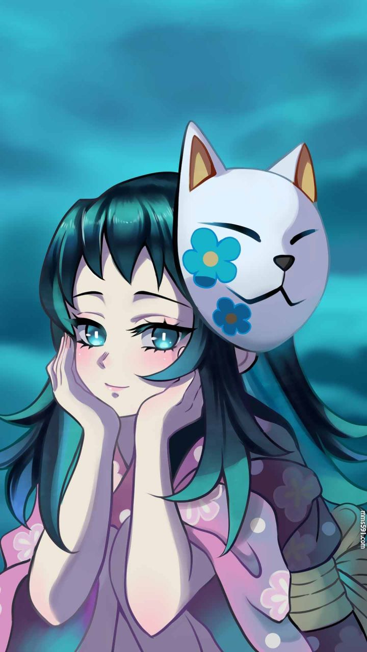 鬼灭之刃狐狸面具神秘短发少女真菰手机图片壁纸高清1080p（2）