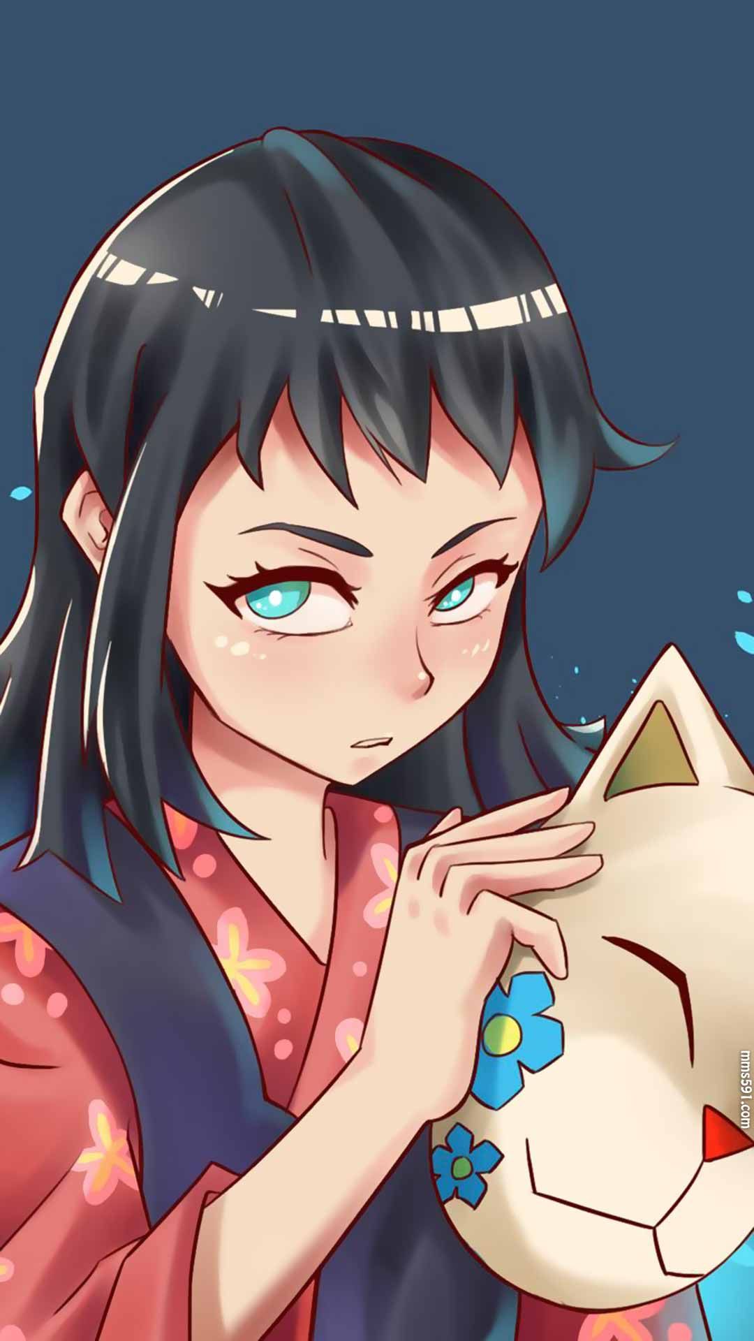 鬼灭之刃狐狸面具神秘短发少女真菰手机图片壁纸高清1080p（6）