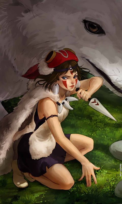 宫崎骏幽灵公主女主角珊San手拿匕首与白狼的手机壁纸图片