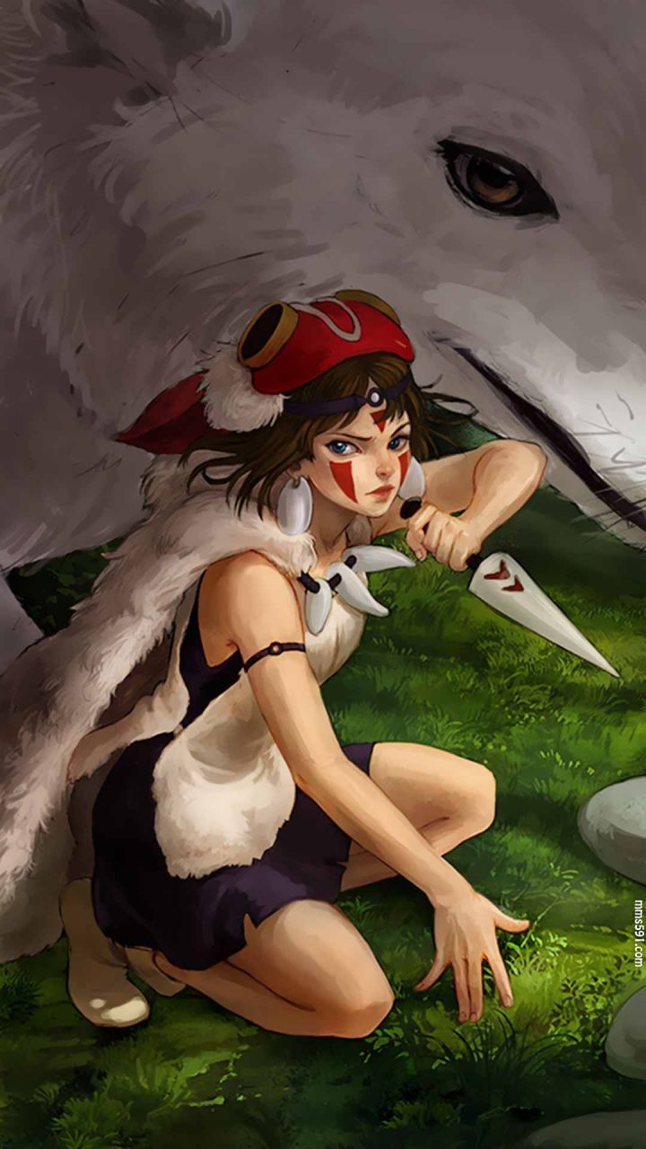 宫崎骏幽灵公主女主角珊San手拿匕首与白狼的手机壁纸图片