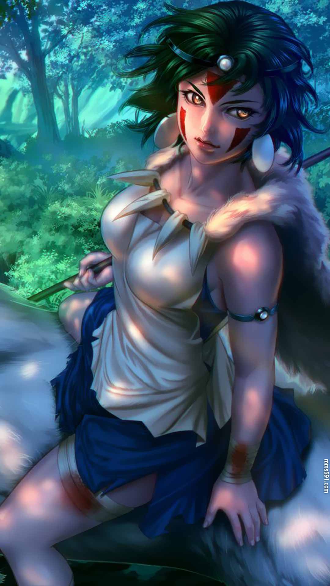 宫崎骏幽灵公主女主角珊San手拿匕首与白狼的手机壁纸图片（2）