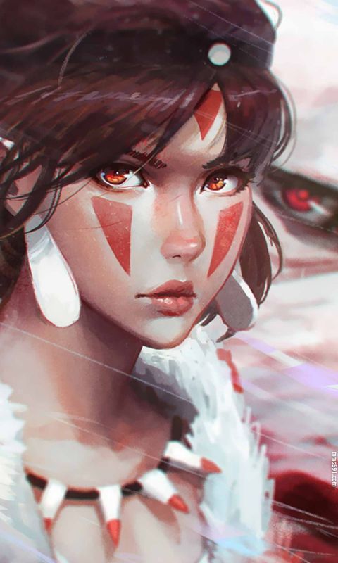 宫崎骏幽灵公主女主角珊San手拿匕首与白狼的手机壁纸图片（7）