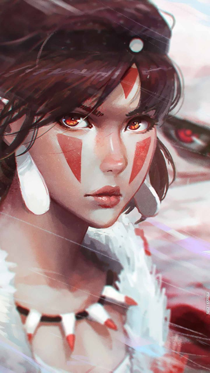 宫崎骏幽灵公主女主角珊San手拿匕首与白狼的手机壁纸图片（7）