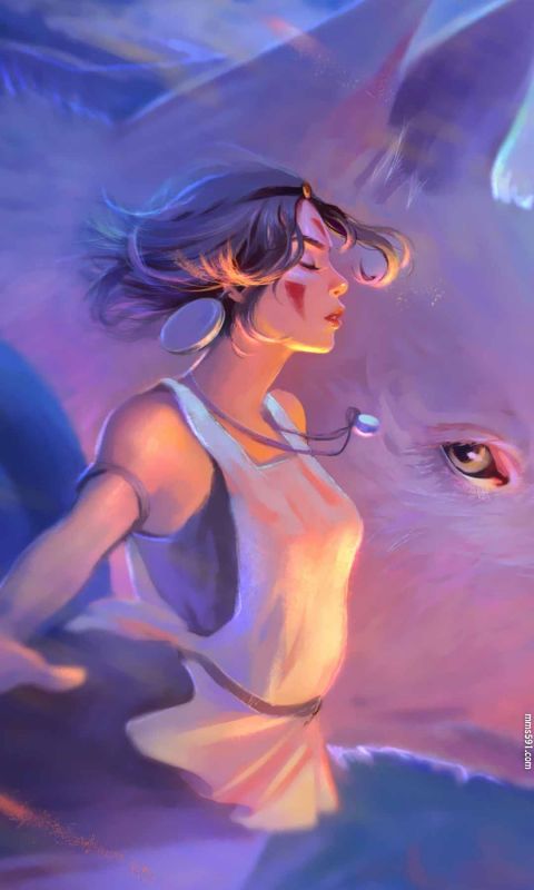 宫崎骏幽灵公主女主角珊San手拿匕首与白狼的手机壁纸图片（6）