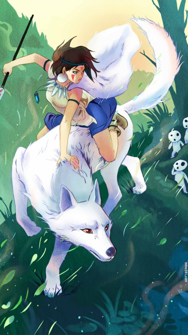 宫崎骏幽灵公主女主角珊San手拿匕首与白狼的手机壁纸图片（8）