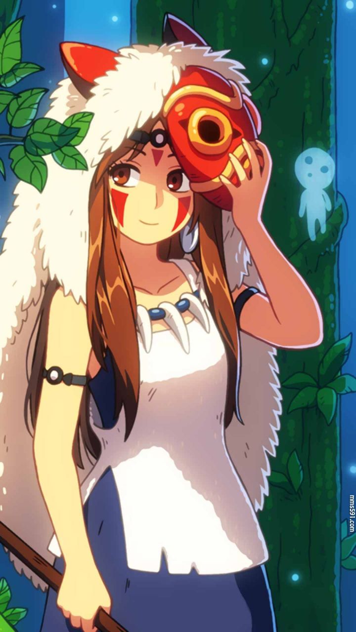 宫崎骏幽灵公主女主角珊San手拿匕首与白狼的手机壁纸图片（9）